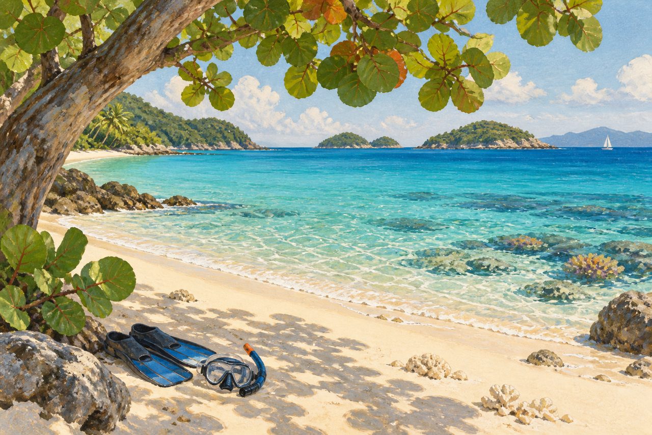 Painted beach scene with snorkeling equipment beneath a tree; conceptual illustration