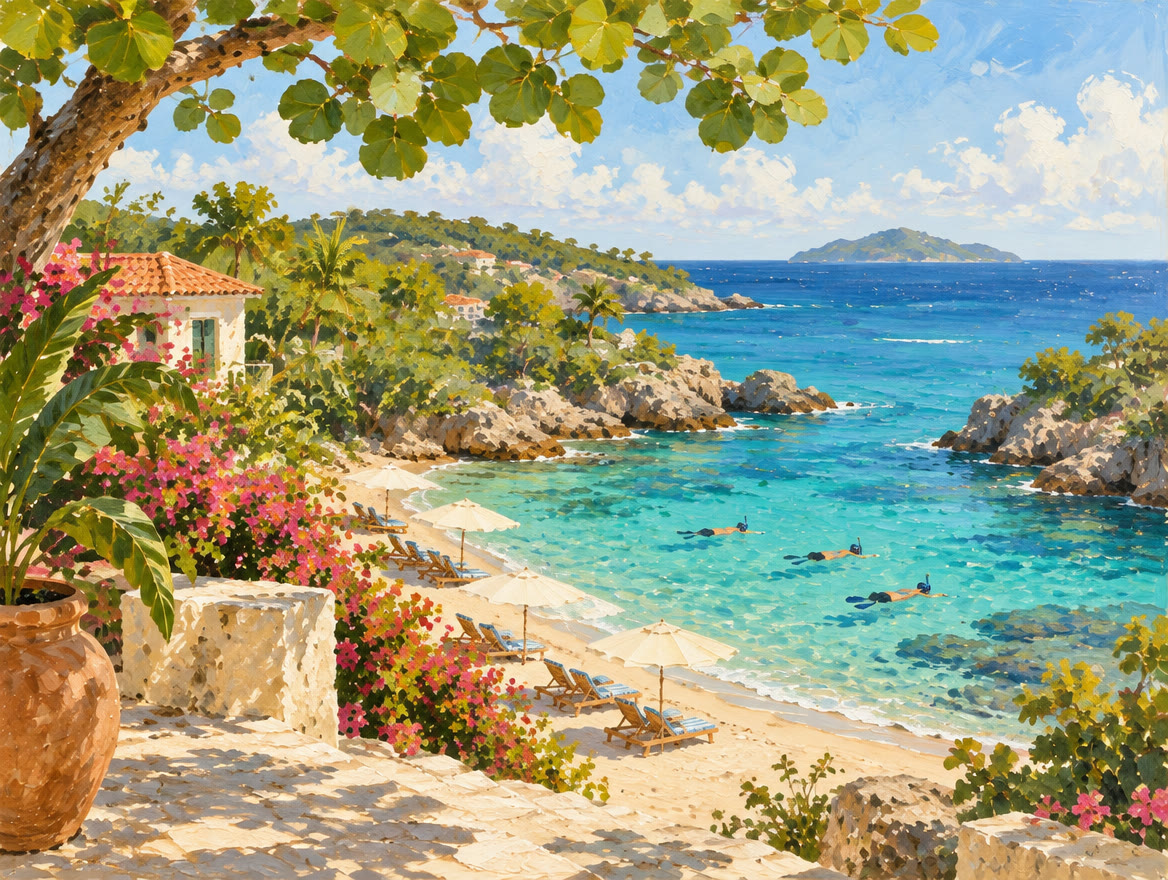 Painted compact beach with rocky headlands, snorkelers and rental chairs