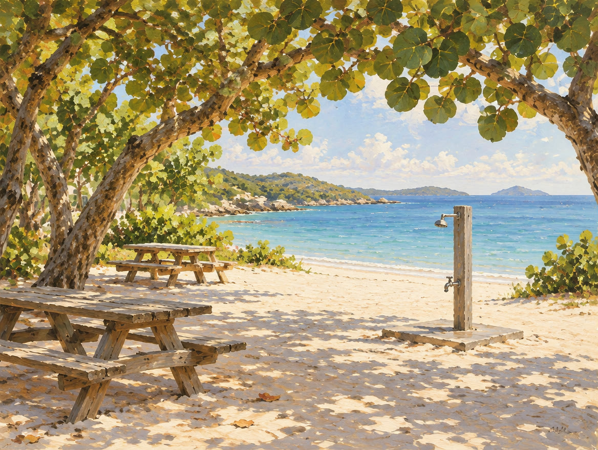 Painted quiet park beach with picnic tables and rinse stations under sea grape trees