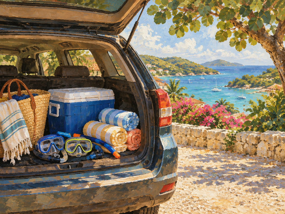 Painted open car boot with a cooler, towels, snorkel masks and a bag