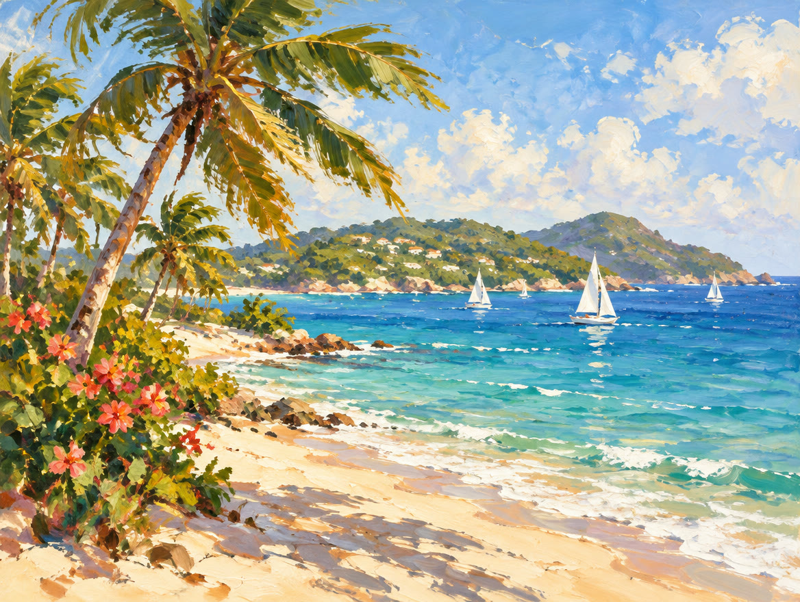 Painted windy beach with bending palms, small sailboats and an island beyond