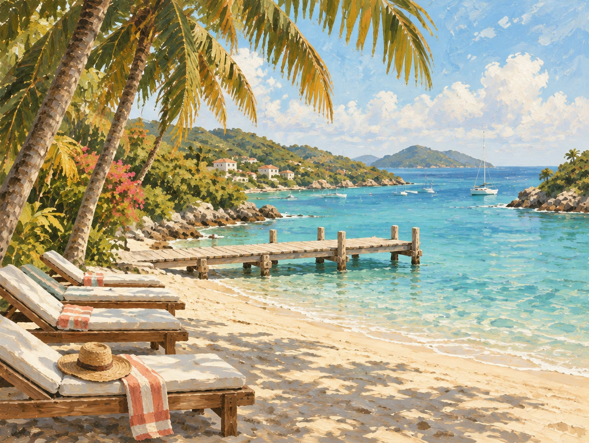 Painted sheltered cove with a wooden dock and loungers under palms