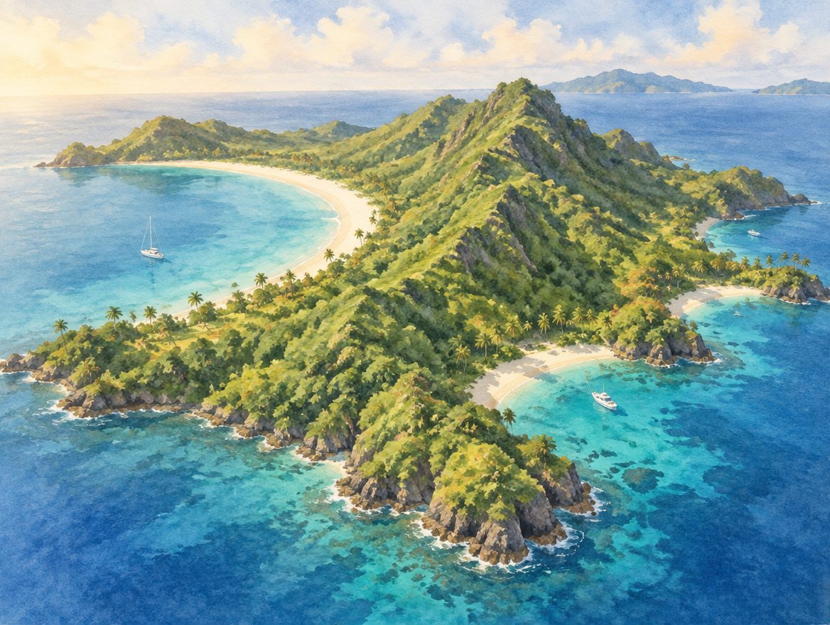 Painted aerial view of a green island with a sheltered crescent beach and smaller eastern coves