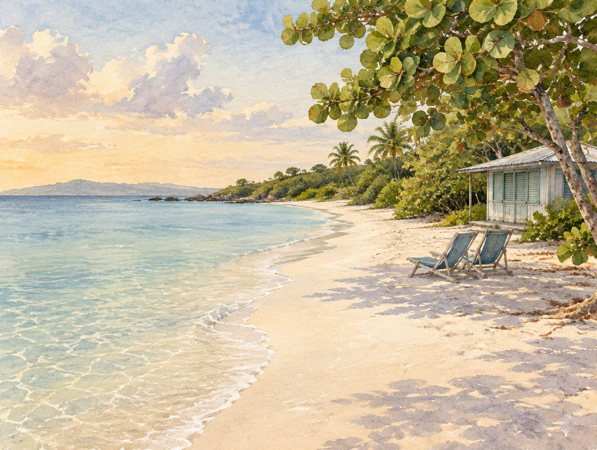 Painted almost empty low-season beach with two chairs, calm water and a shuttered beach shack