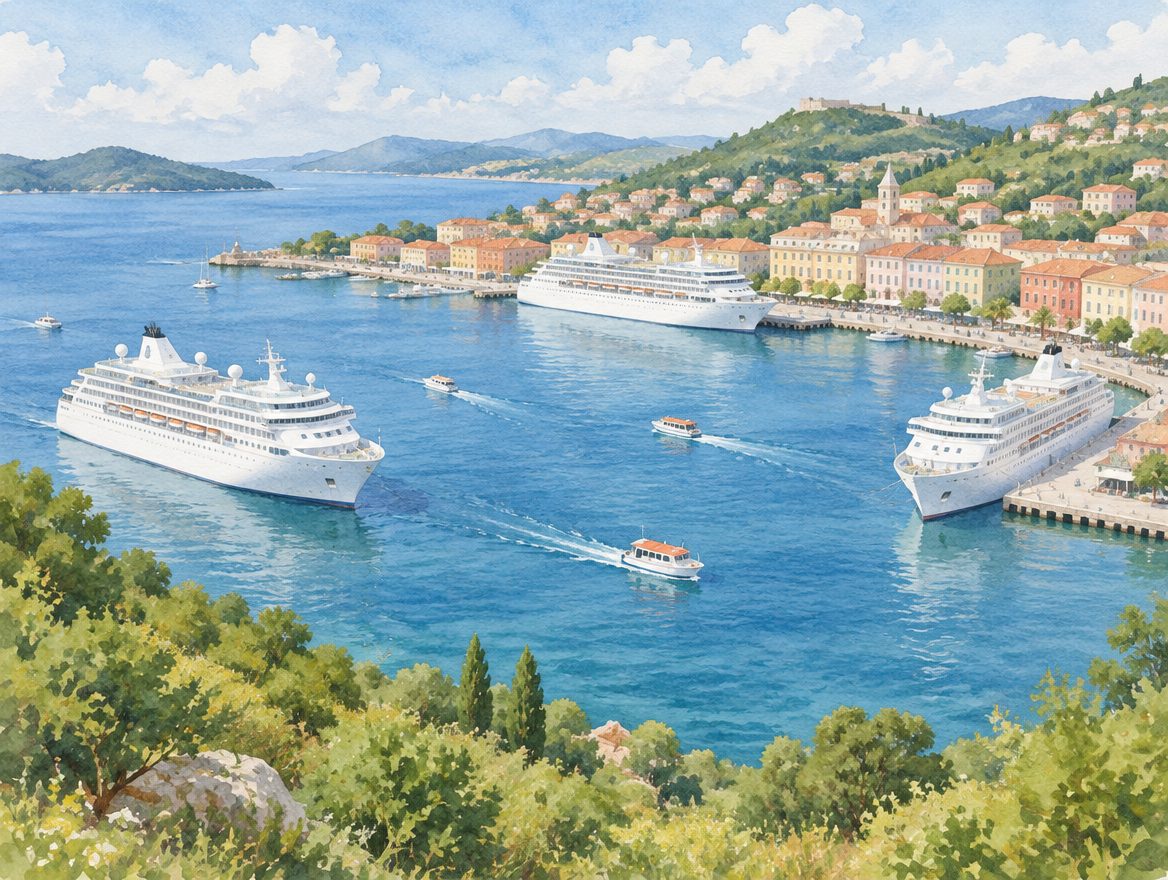 Painted busy harbour day with three large ships at anchor and alongside piers, tenders crossing between