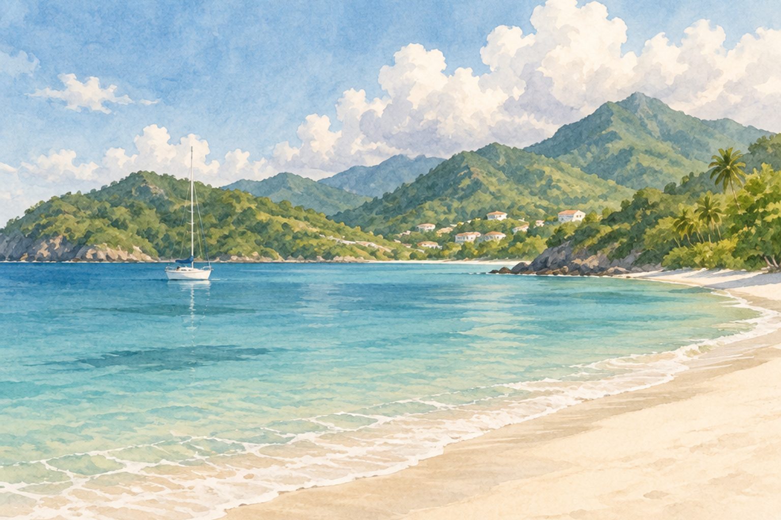 Painted wide Caribbean coastline on a calm shoulder-season day, with clouds building over the ridges