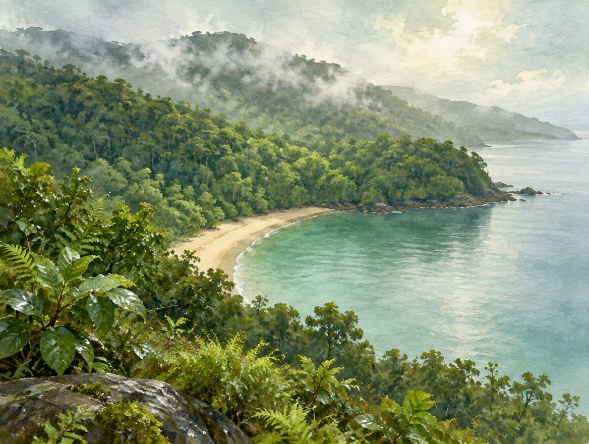 Painted lush green national-park hillside above an empty crescent of sand after rain