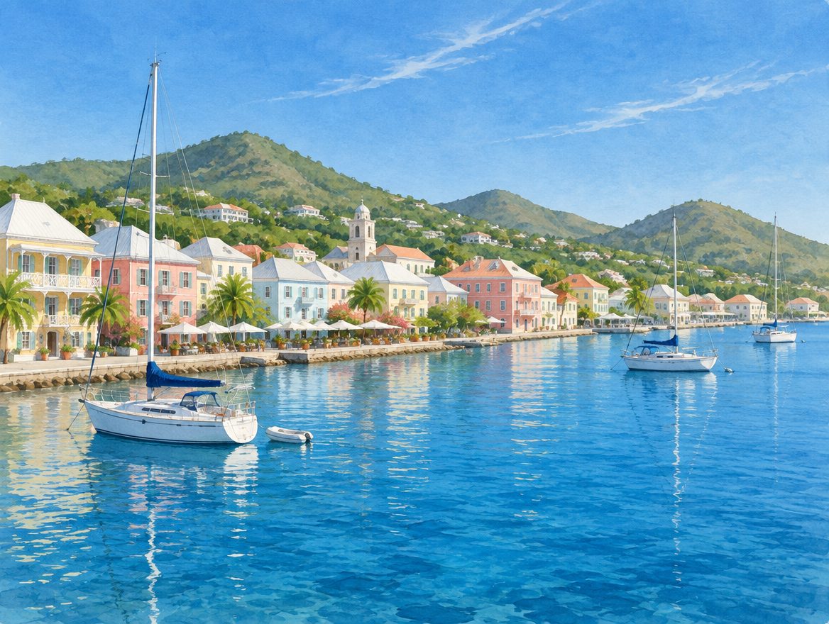 Painted sunny Caribbean harbour town in crisp winter light with clear blue water and thin high cloud
