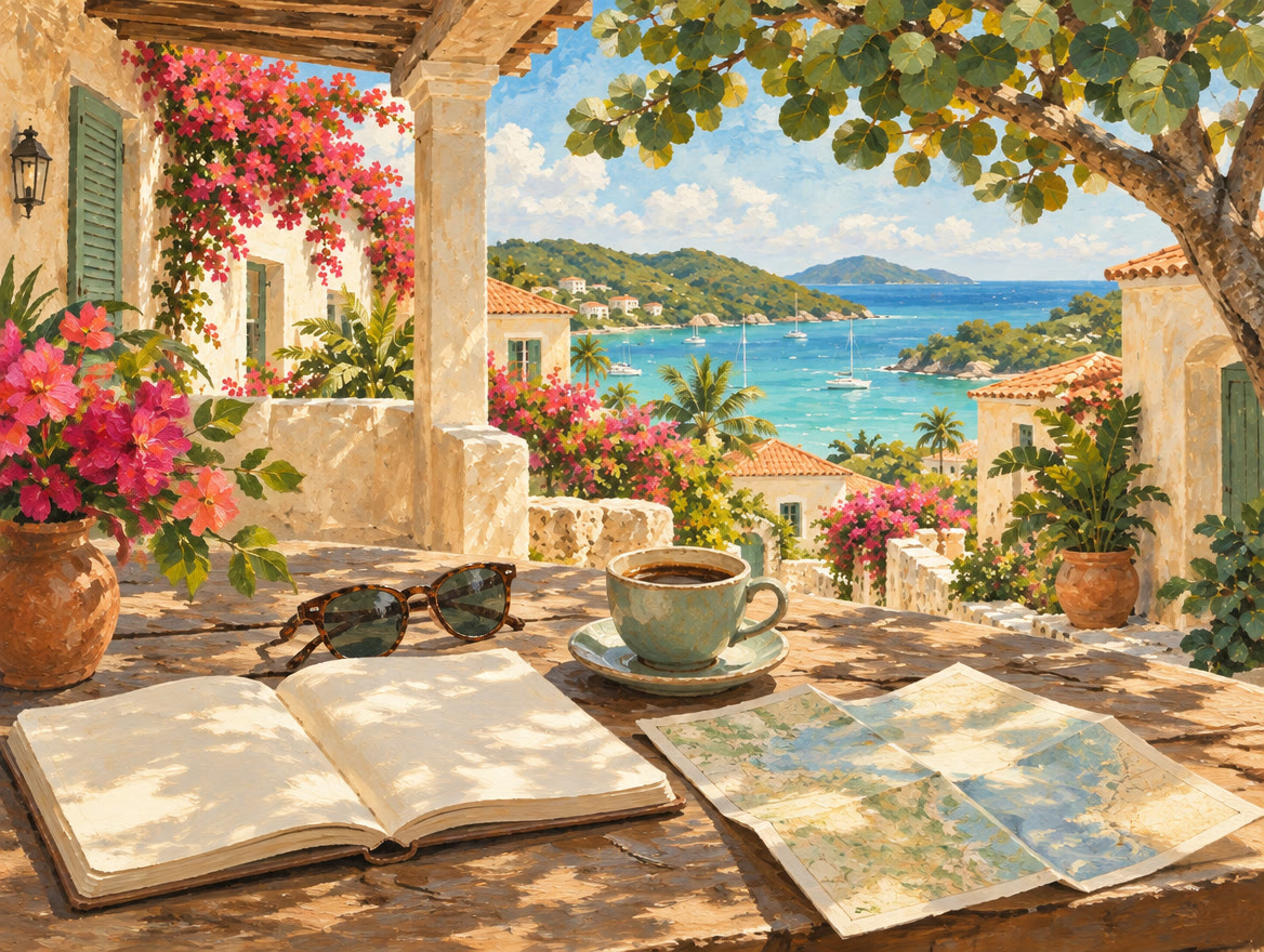 Painted balcony table with a notebook, sunglasses, a folded map and coffee
