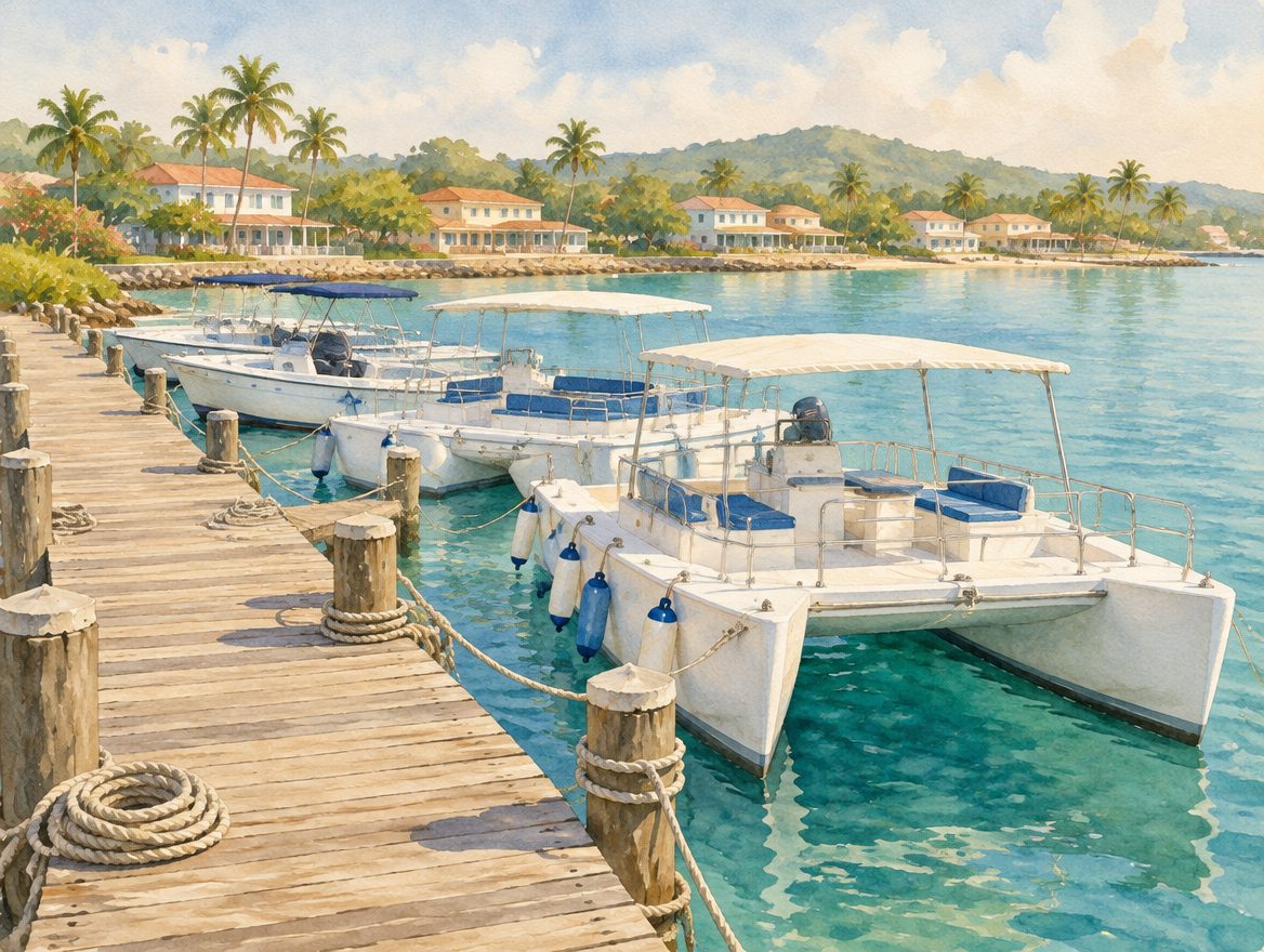 Painted wooden dock lined with small day-tour catamarans and motor boats ready to leave