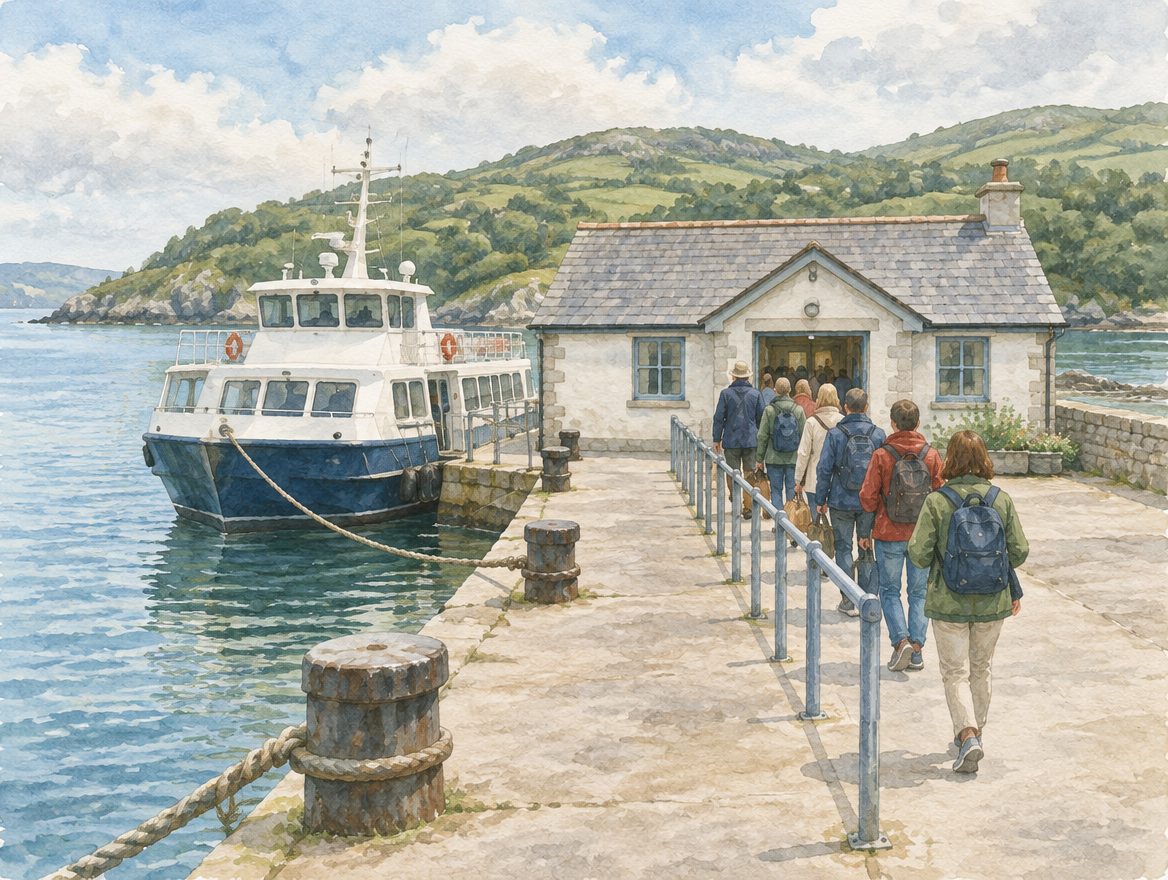 Painted small island ferry jetty with an arrivals building and a queue lane leading to a doorway