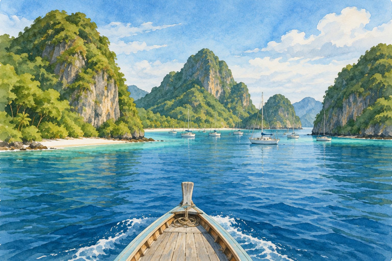Painted small boat crossing a channel toward a cluster of steep green islands with pale beaches
