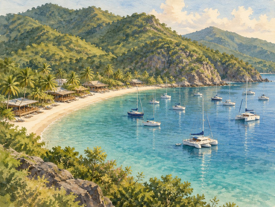 Painted horseshoe harbour with low wooden beach bars under palms and sailboats at anchor