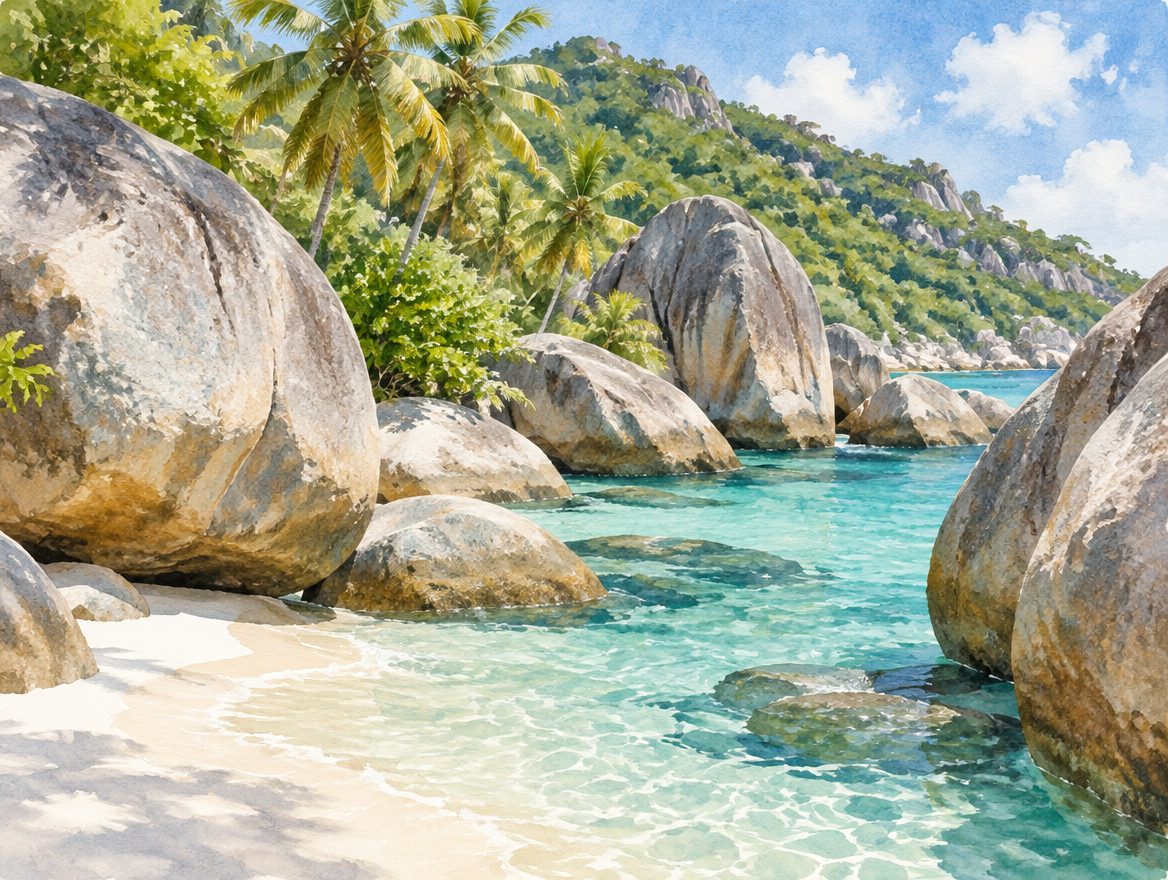 Painted giant rounded granite boulders on a white sand shore forming pools of clear seawater