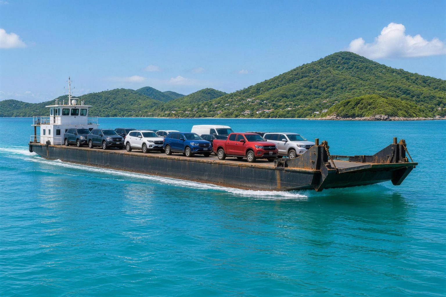 Flat-deck car barge loaded with vehicles crossing calm water toward green hills