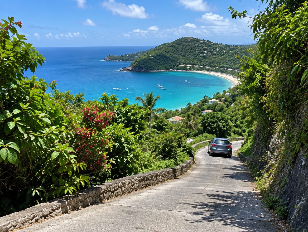 Narrow steep island road descending toward a turquoise bay