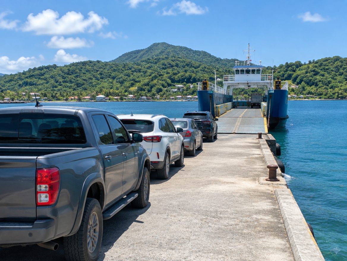 Line of cars waiting on a concrete pier to board a barge