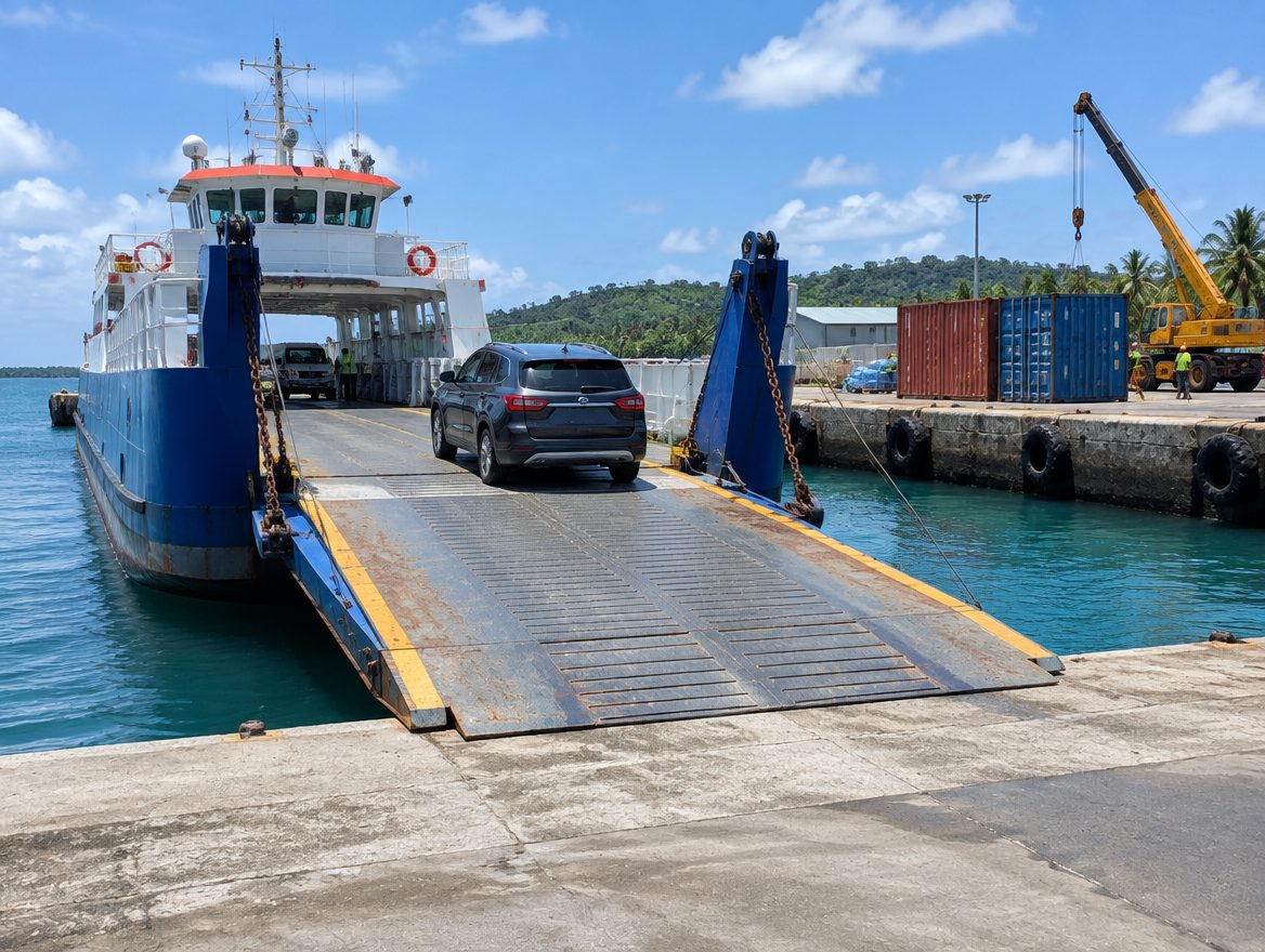 Car driving aboard a barge over a steel ramp at a working cargo quay