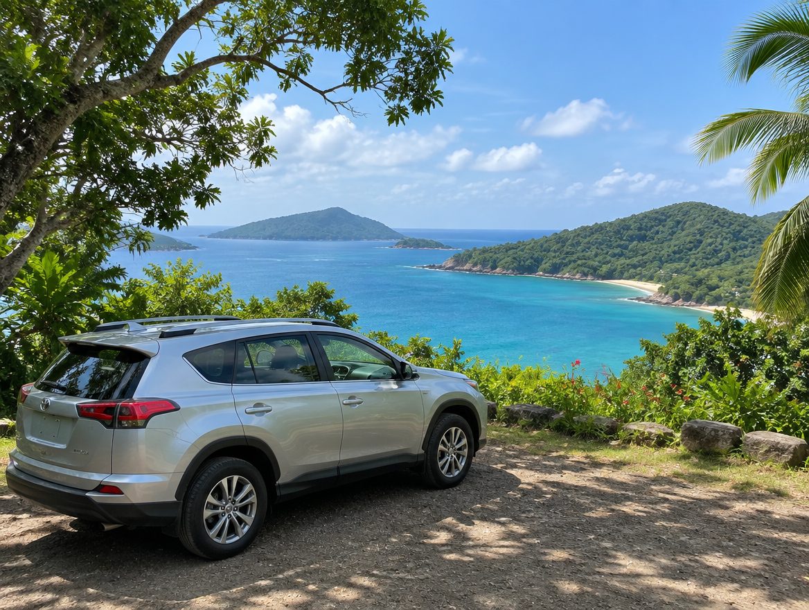 Compact rental SUV parked at an overlook above a turquoise bay