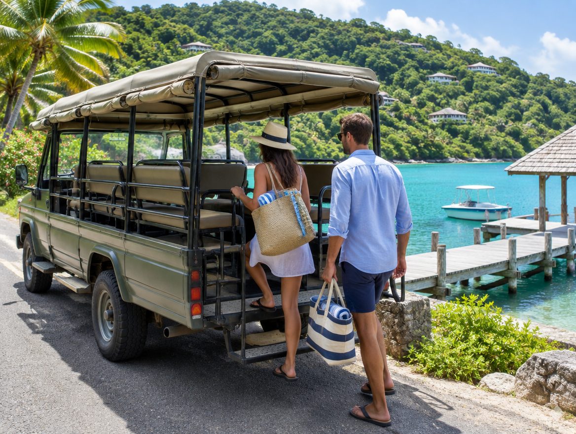Open-sided safari taxi van waiting beside a dock as passengers board
