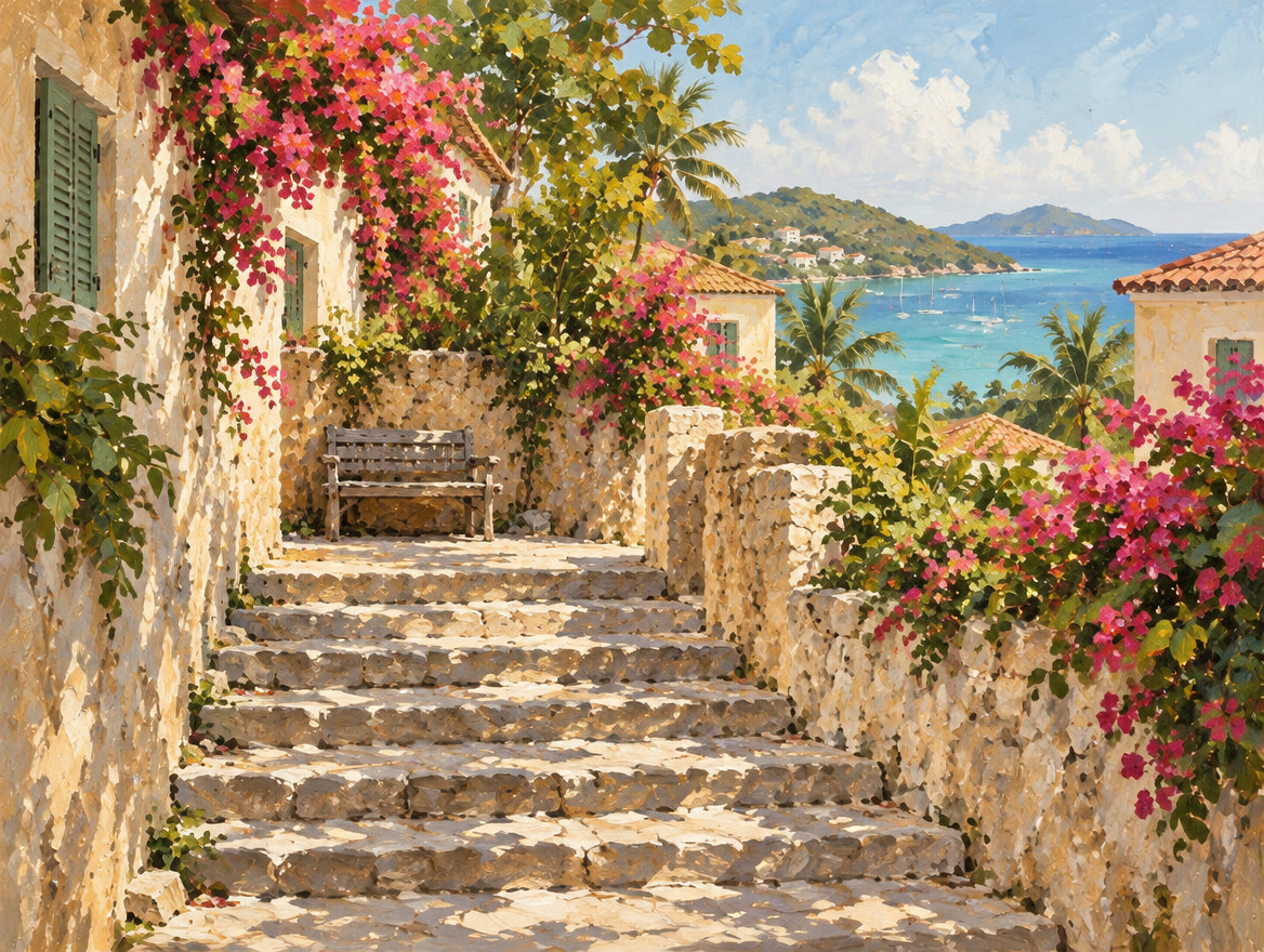 Painted steep stone staircase between garden walls with a shaded bench