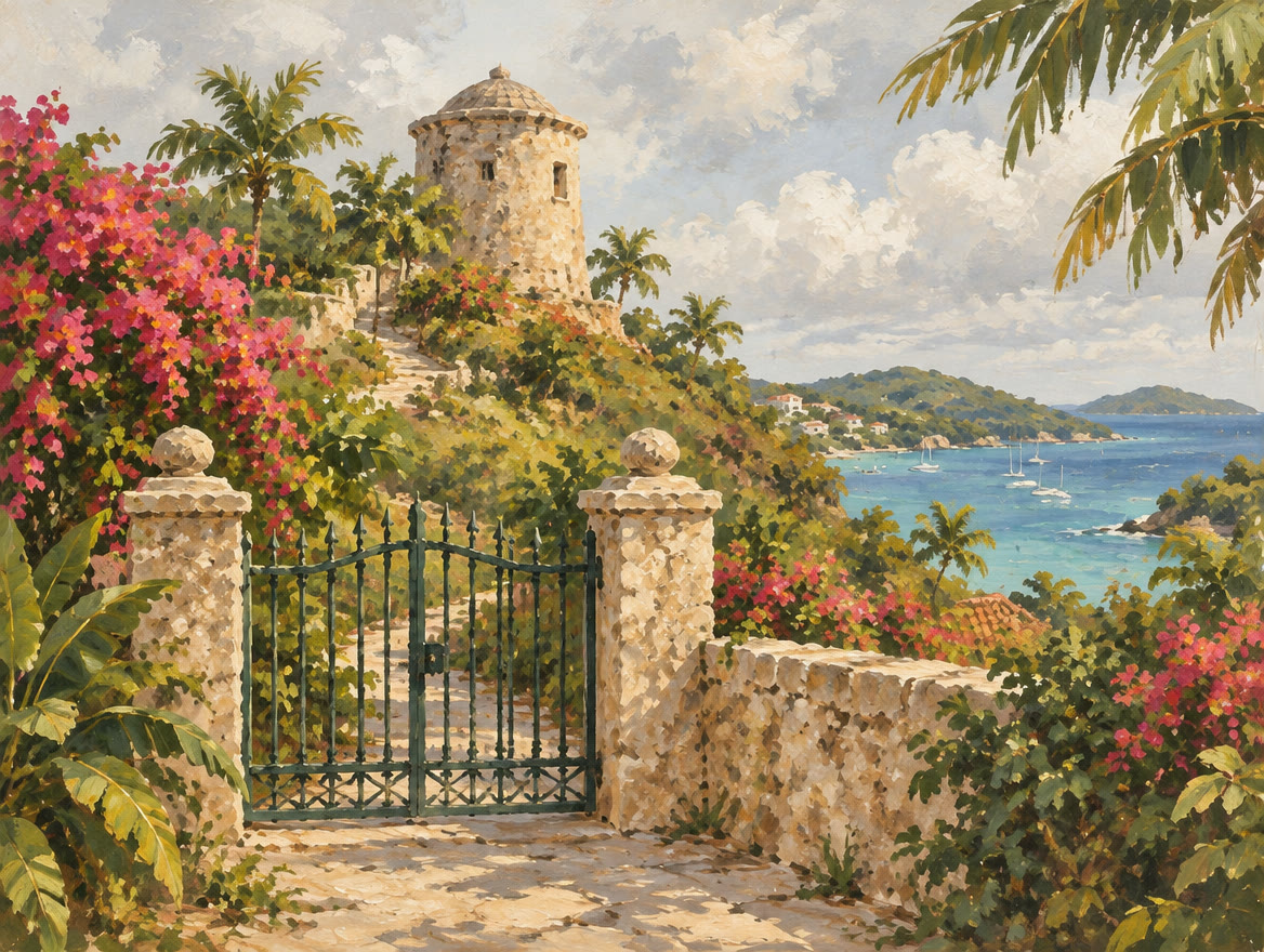 Painted round stone watchtower on a hillside behind a closed iron gate