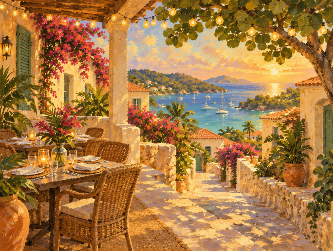 Painted waterfront restaurant terrace with string lights and boats moored beyond