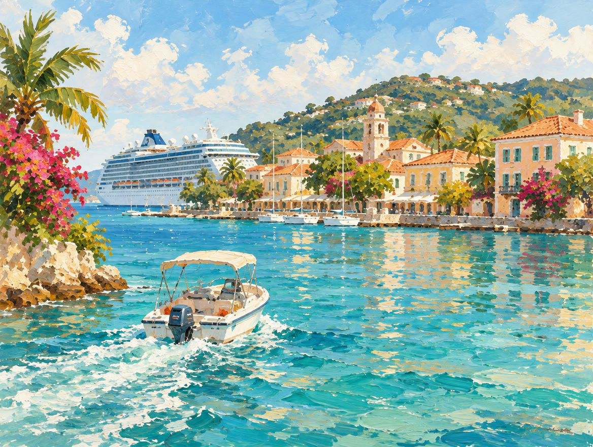 Painted tender boat crossing a harbor toward a town waterfront