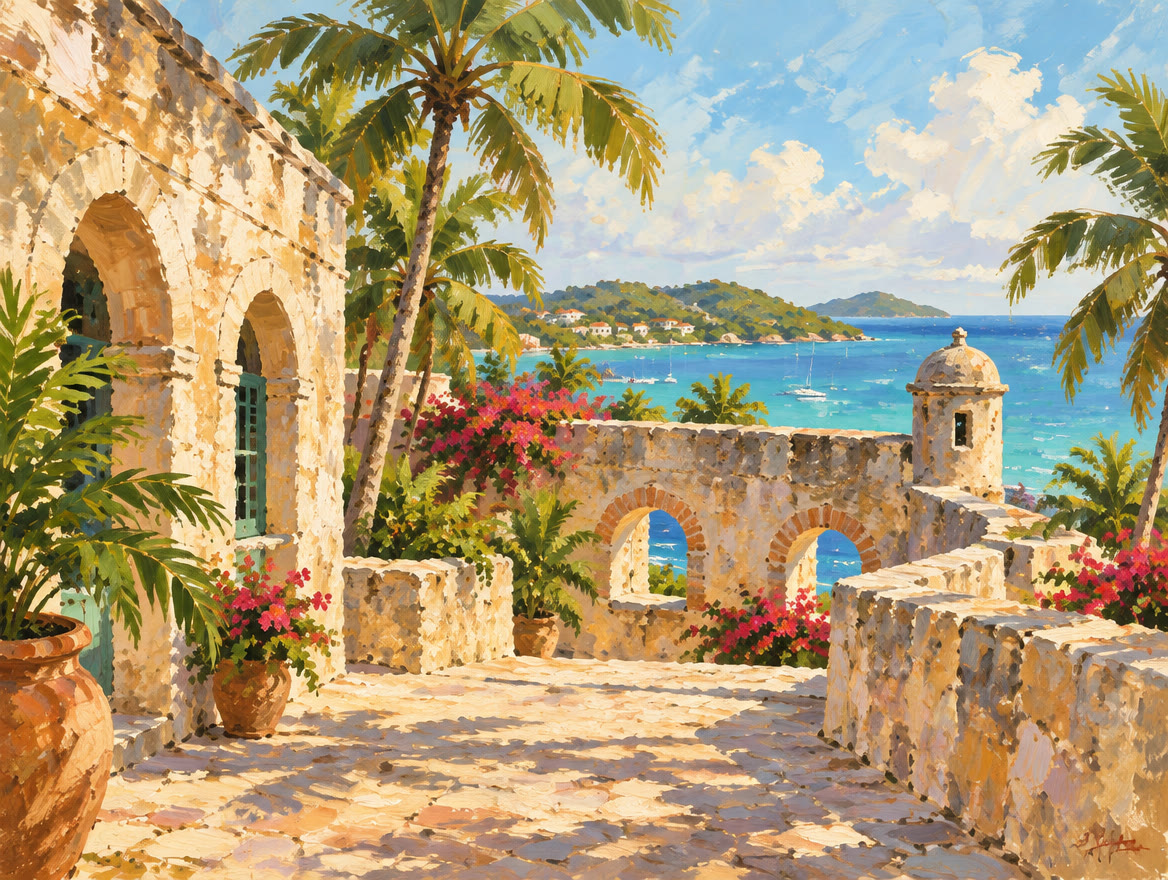 Painted thick-walled stone fort with arched windows and a courtyard