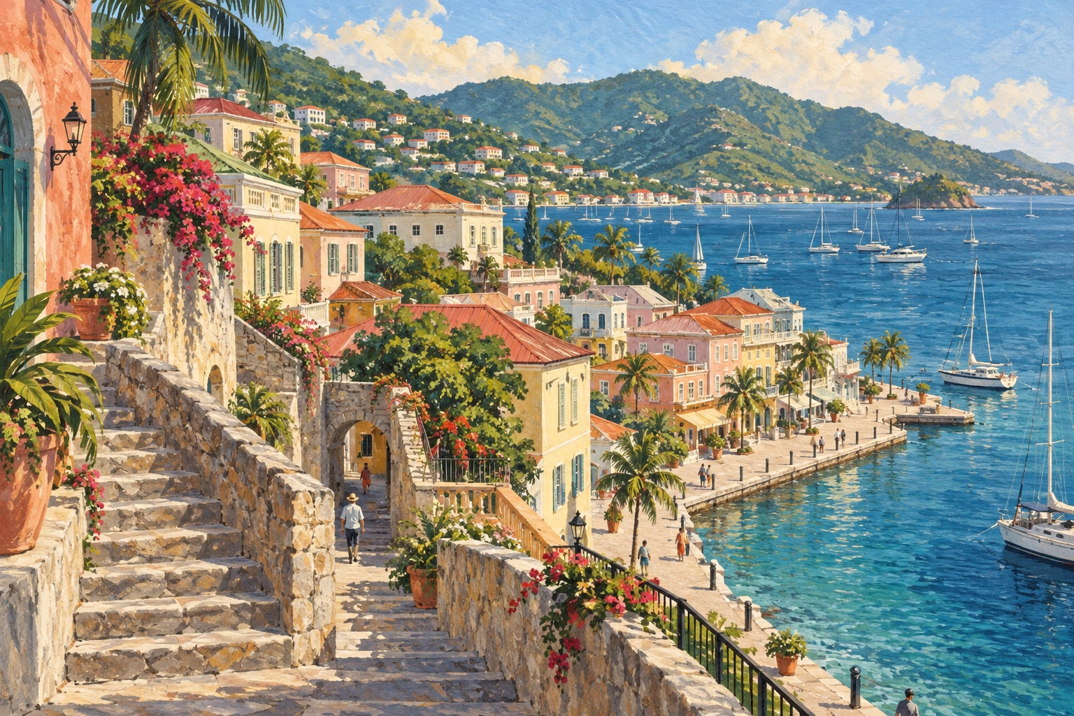 Painted historic Caribbean harbor town with stone steps and pastel buildings