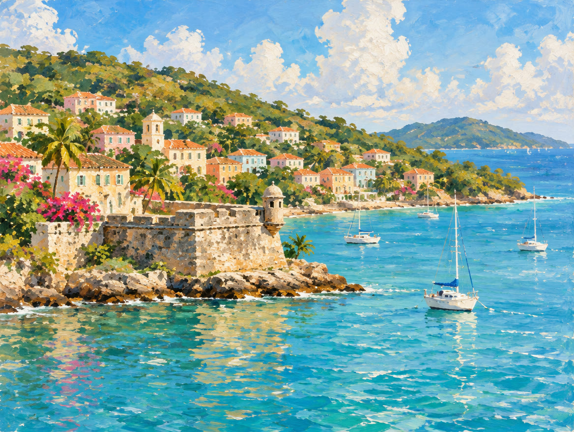 Painted harbor town seen from the water with a stone fort and hillside buildings