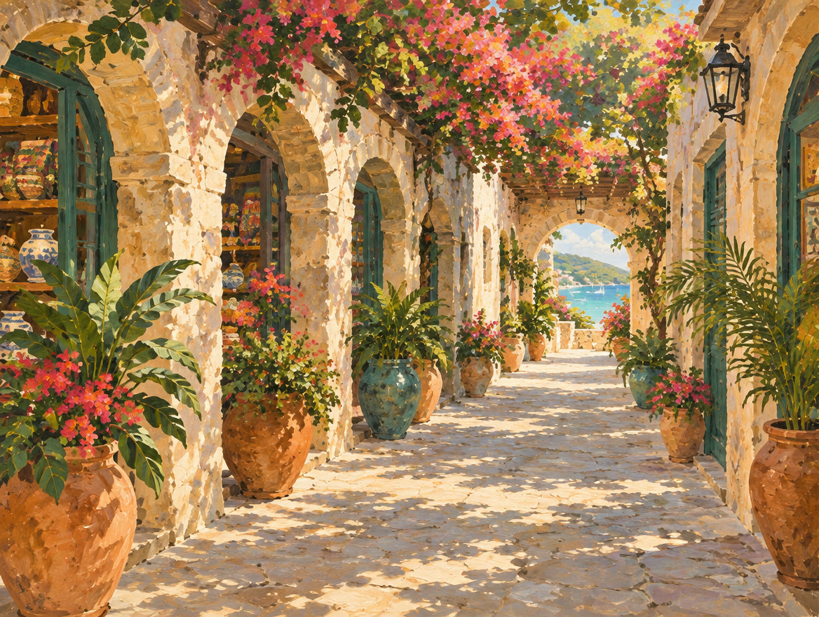 Painted narrow stone alley of arcaded shopfronts with arches and planters