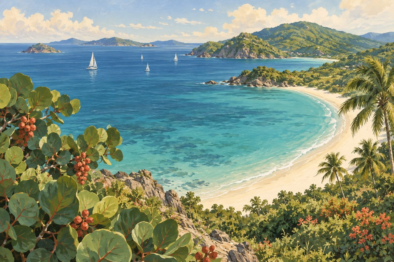 Painted crescent beach with turquoise water and green headlands