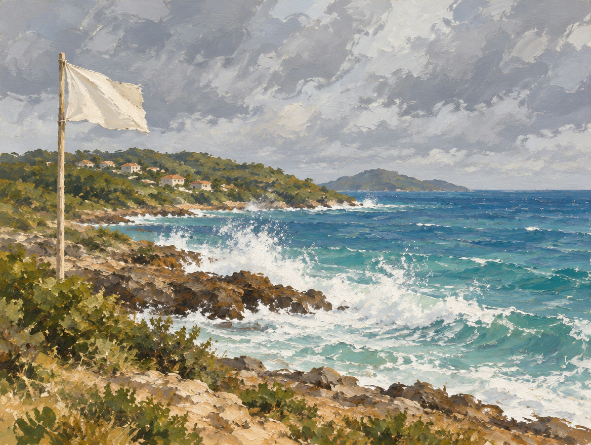Painted waves breaking against a rocky point with a flag stiff on a pole