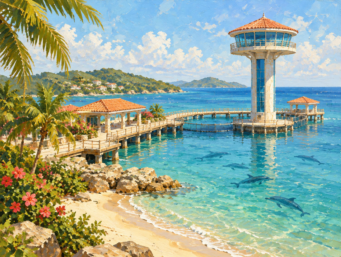 Painted marine park pier and round observation tower beside a small beach