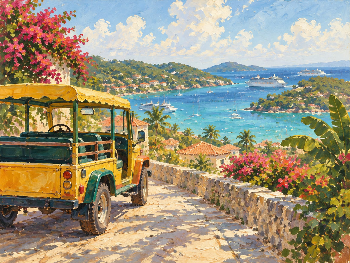 Painted open-sided taxi on a ridge road above a harbor with cruise ships