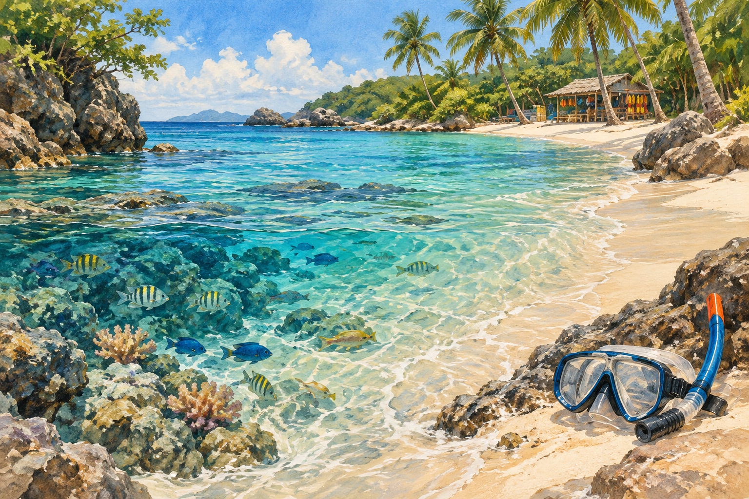 Painted snorkeling cove with reef fish and a mask on the sand