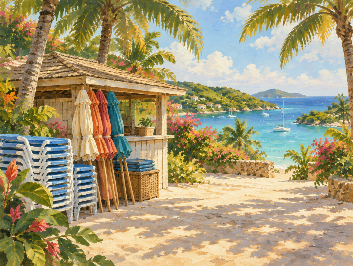 Painted stacked beach chairs and folded umbrellas beside a wooden kiosk