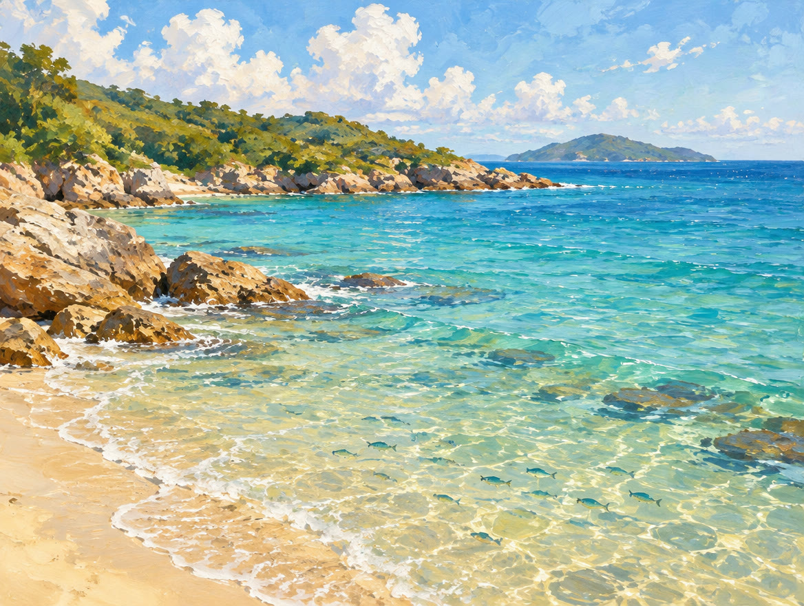 Painted shallow sandy entry leading toward a rocky point with fish