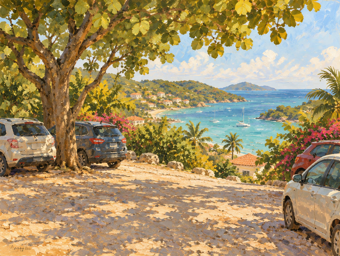 Painted small gravel parking area on a slope above a beach