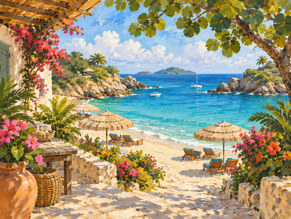 Painted small beach between rocky headlands with vendor umbrellas and chairs