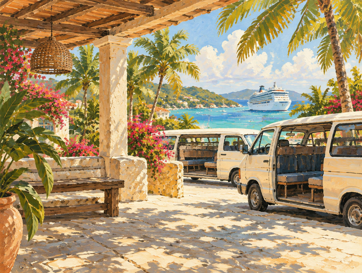 Painted shaded taxi stand with open-sided vans and a cruise ship beyond