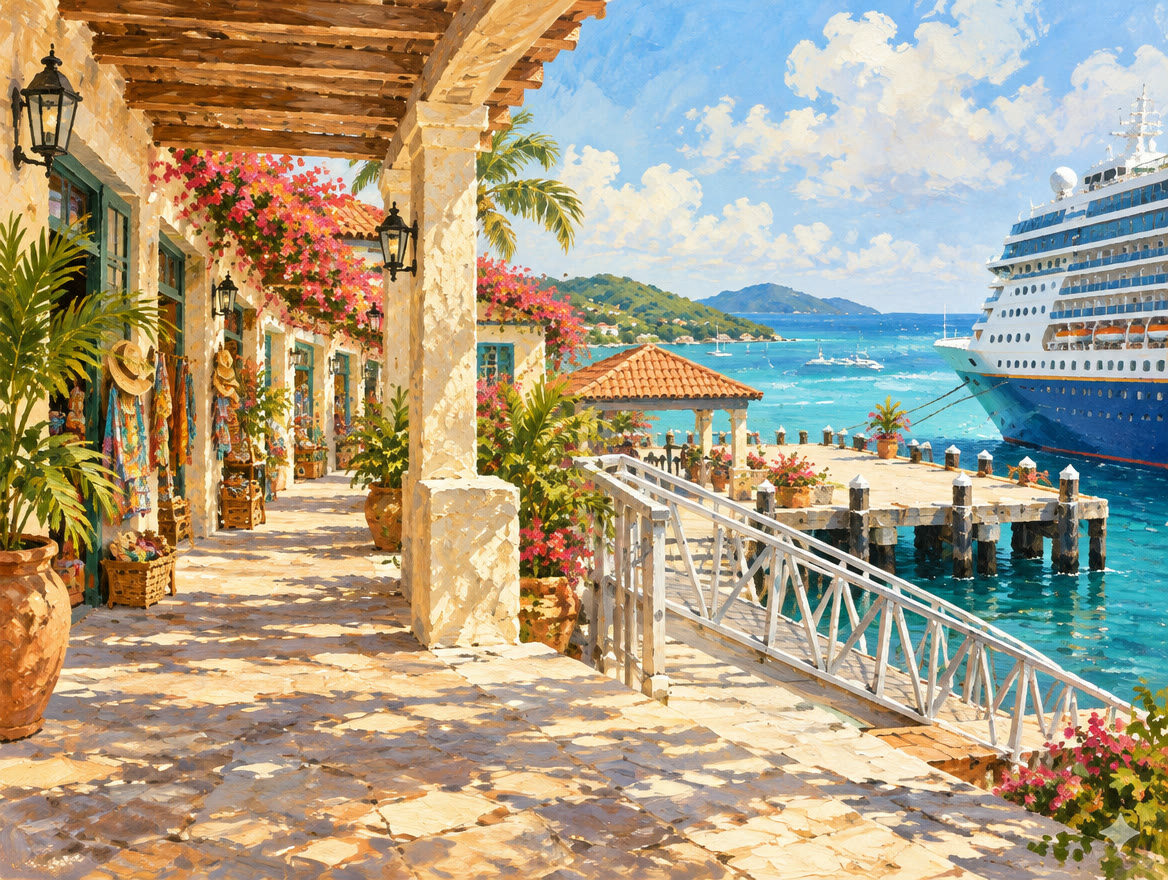 Painted cruise pier with a covered walkway, shaded arcades and a gangway