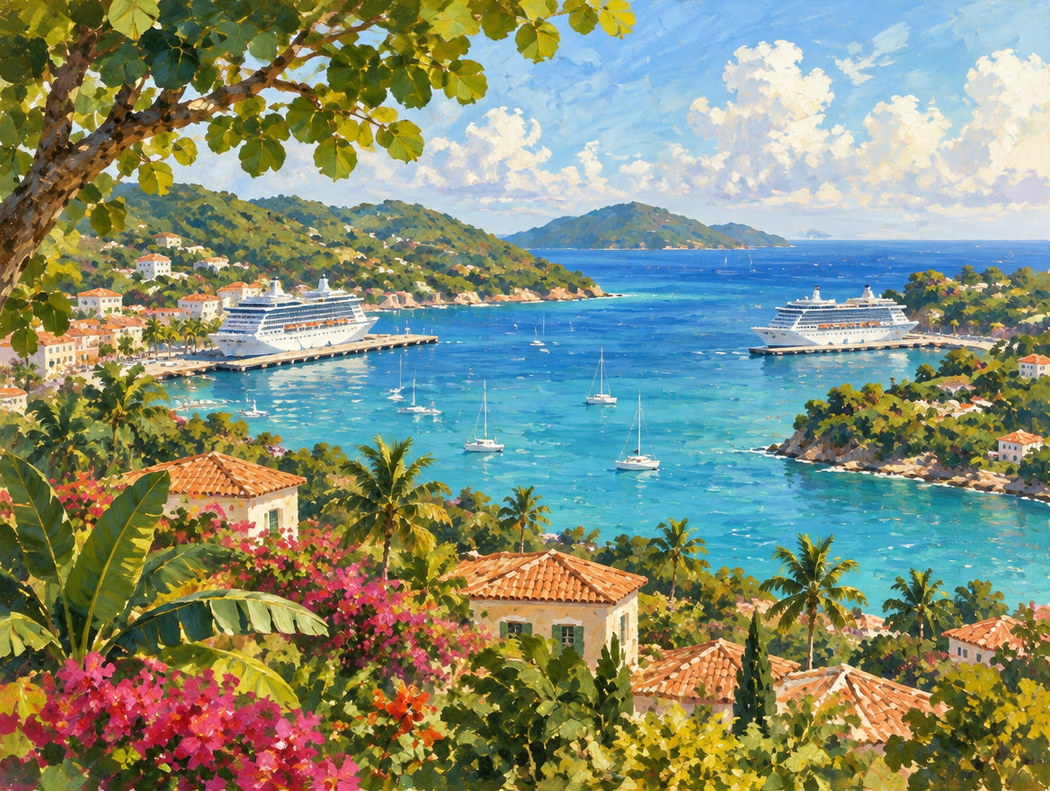 Painted hillside view of two cruise piers on different parts of a coastline