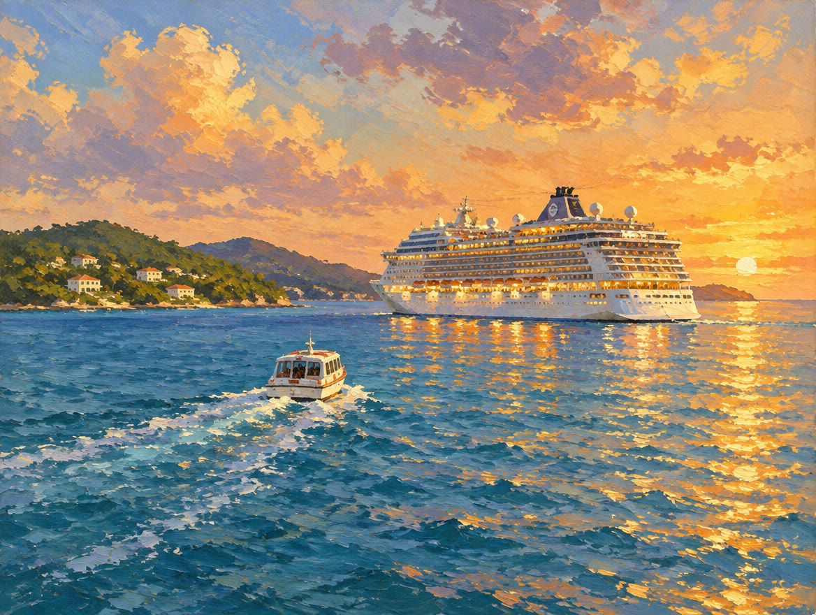 Painted cruise ship in evening light with a tender boat returning across the harbor