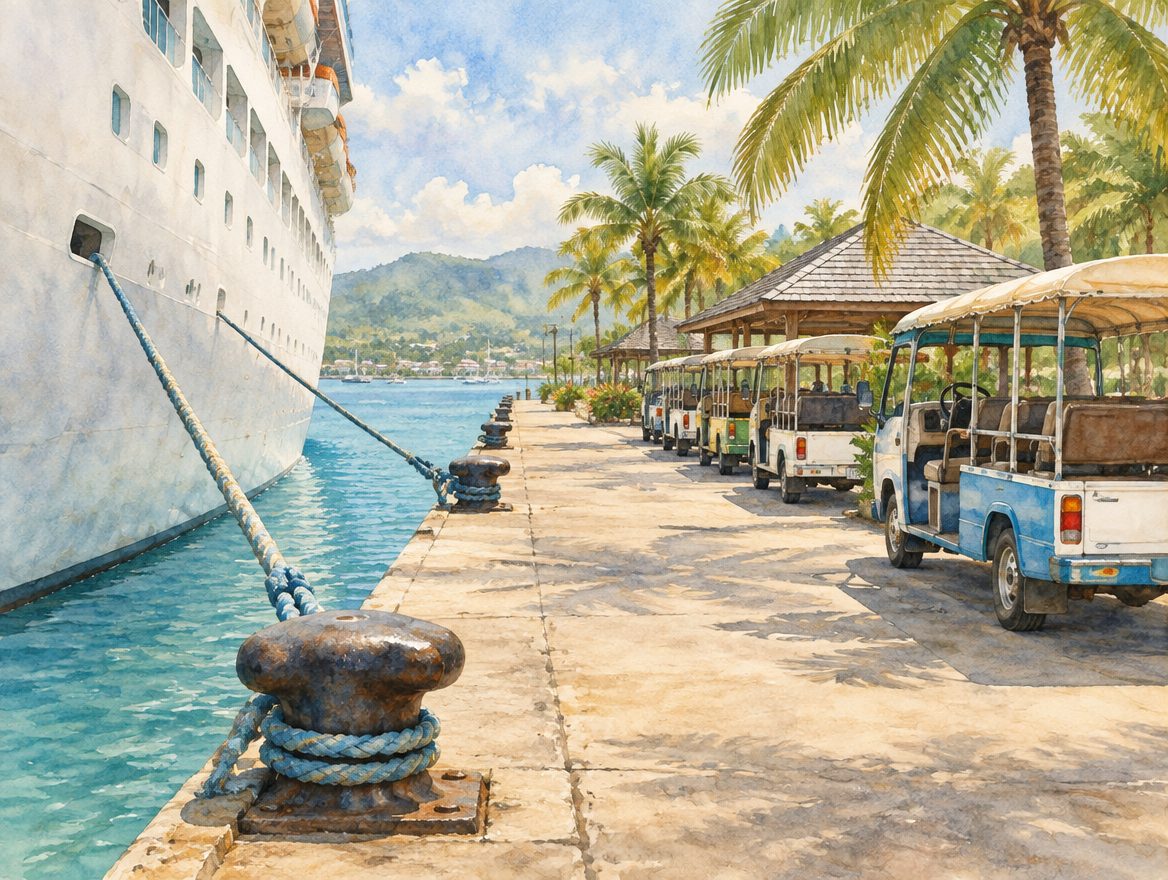 Painted cruise pier with a white ship, mooring bollards and island taxis