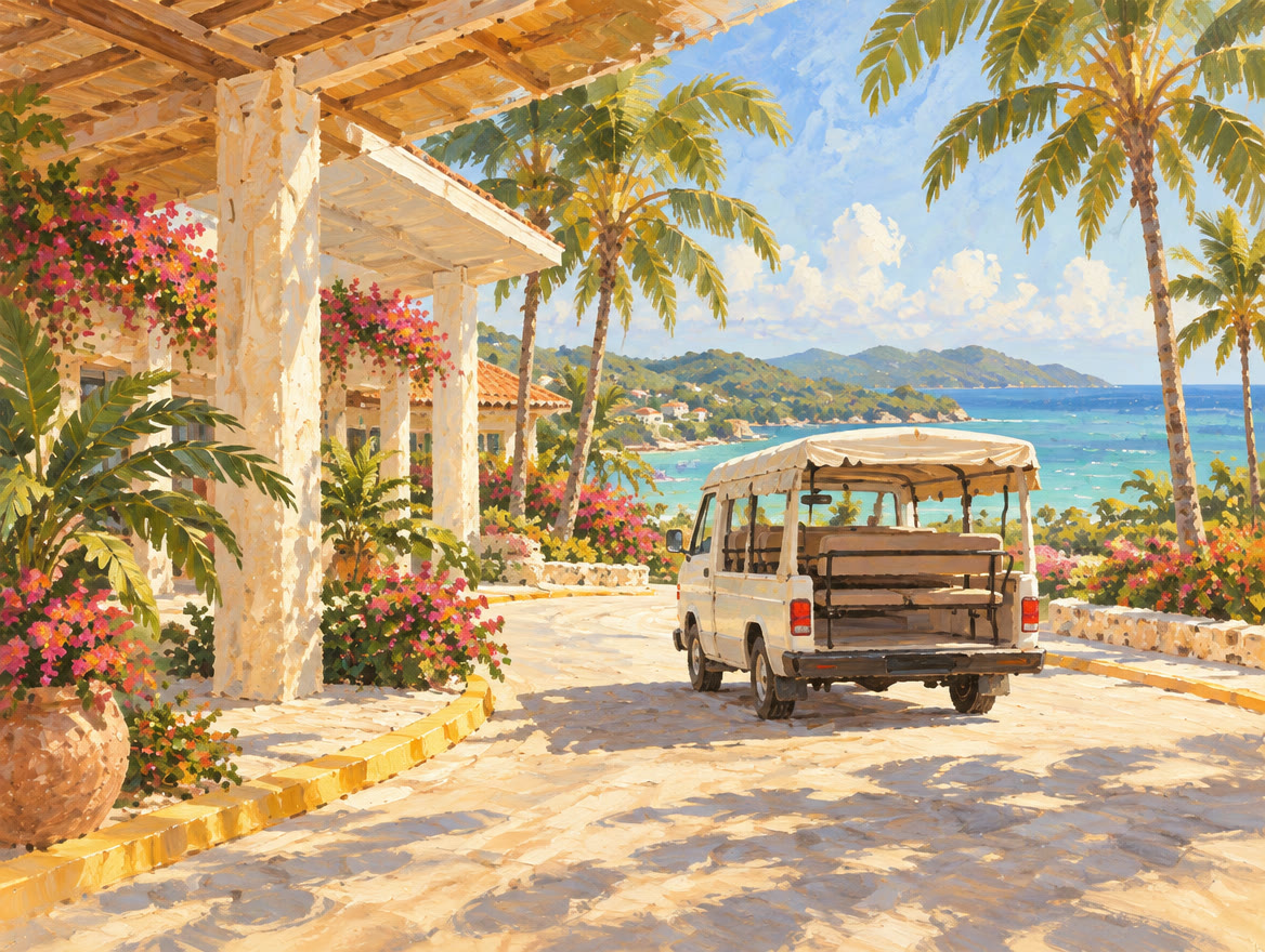 Painted open-sided taxi van pulling away from a palm-lined terminal forecourt