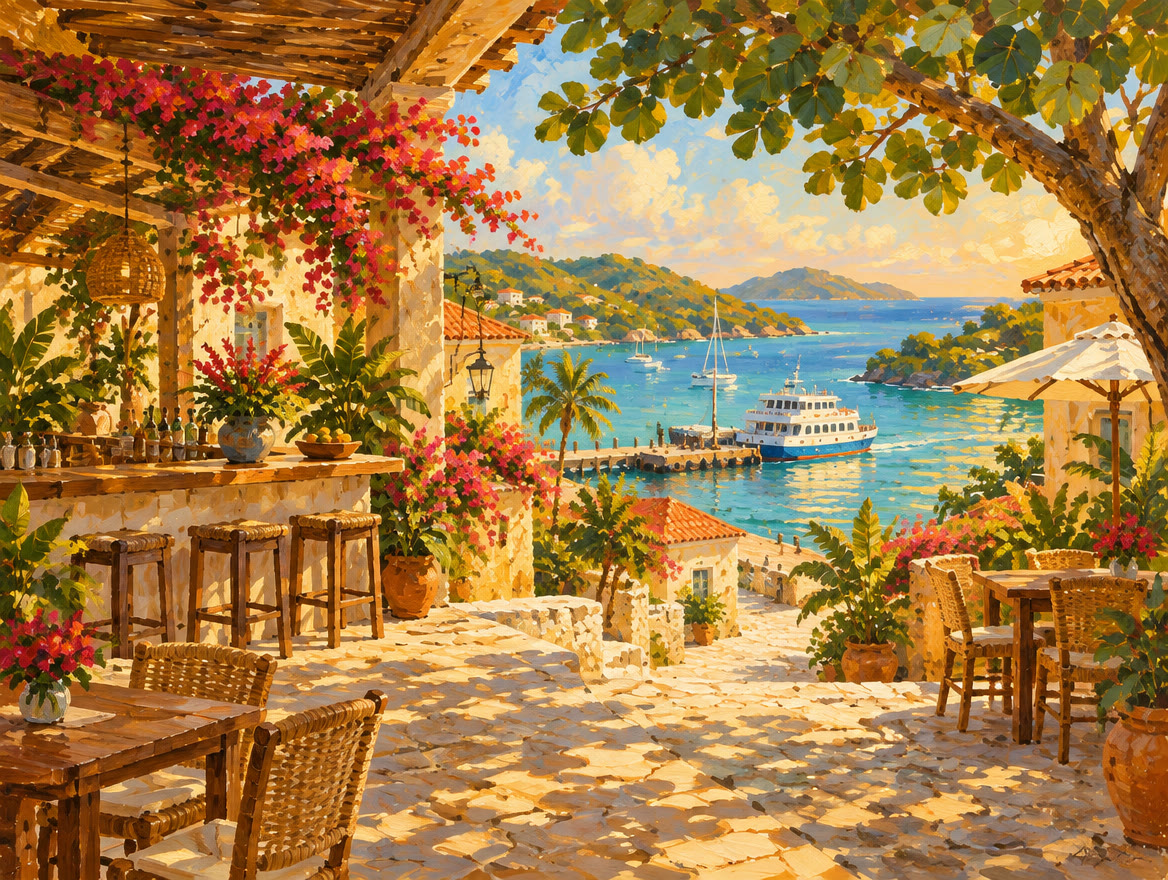 Painted harbor town square with open-air bars and a ferry dock beyond