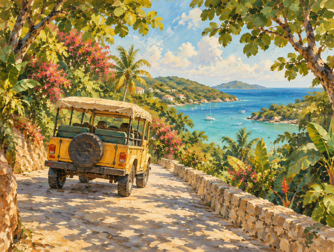 Painted open-sided taxi climbing a steep forest road above the sea