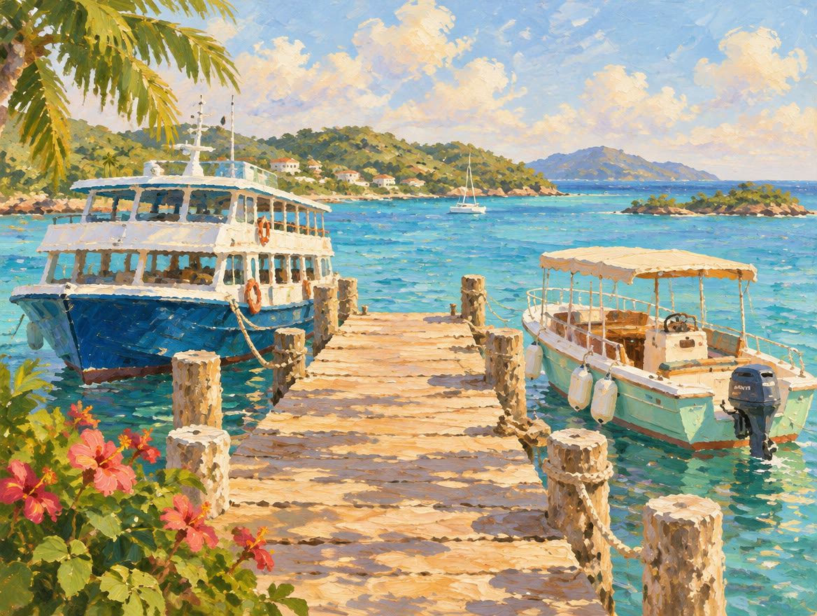 Painted ferry dock with a public ferry and a small tour boat alongside